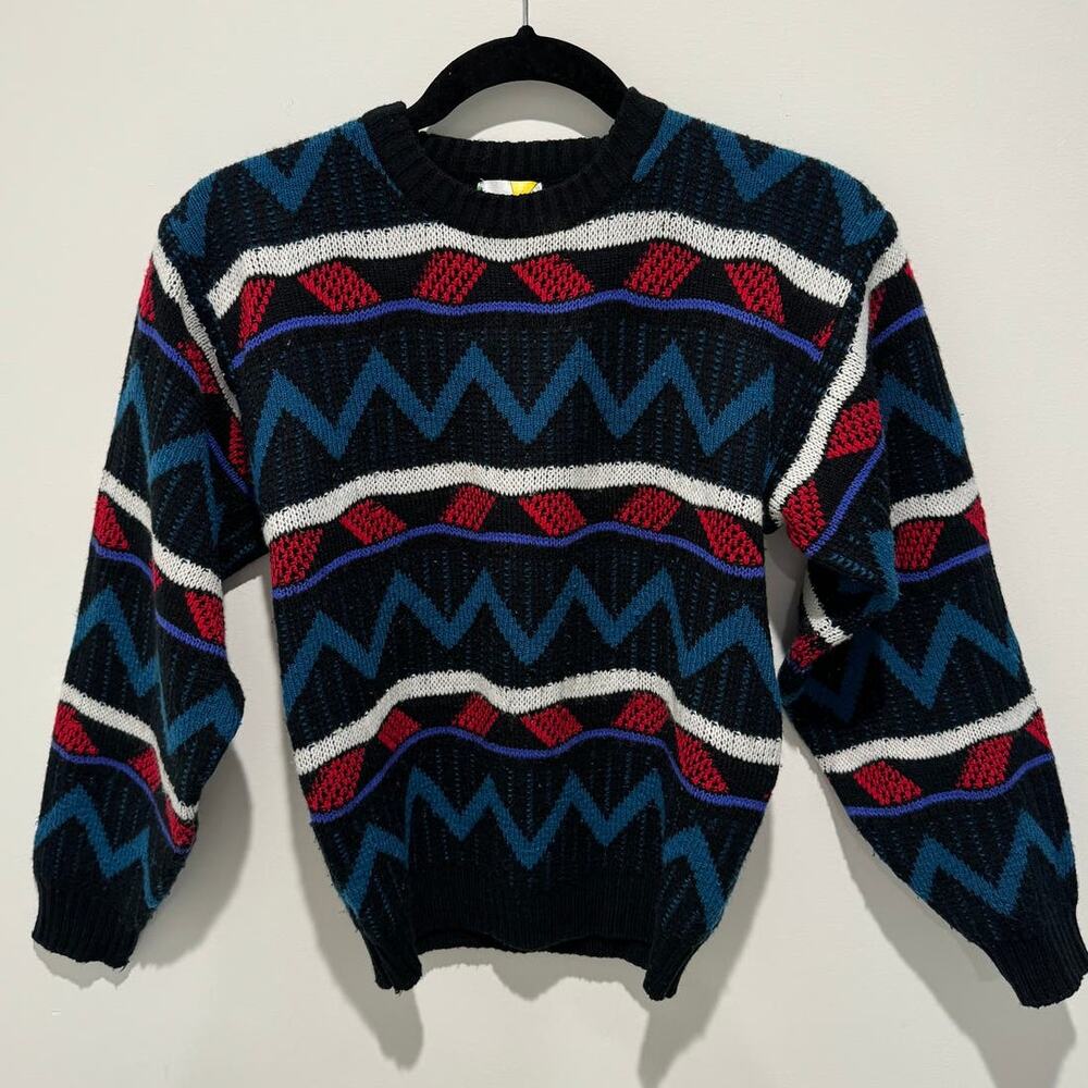 Vintage Modz Striped Zig-Zag Kids Sweater, Blue/Black/Red/White, Size MEDIUM